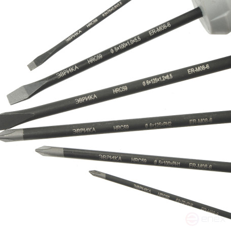 Набор отверток ER-M08-6 SL3.5x75 Ø3, SL5.5x100 Ø5, SL6.5x125 Ø6; PH0x75 Ø3, PH1x100 Ø5, PH2x125 Ø6, стержень S2, 6 предметов HRC≥59 ЭВРИКА /1/12 NEW