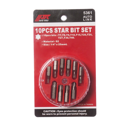 1/4" DR TORX T7-T40 10-piece Bit Set in JTC Box