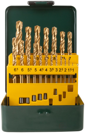 Набор сверл HSS по металлу, титановое покрытие, 19 шт. (1-10 мм), металлический бокс
