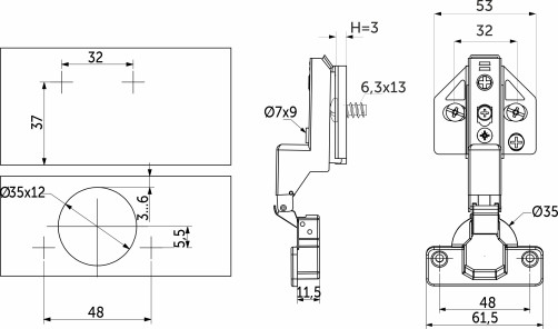 Петля внутренняя с доводчиком 48мм h3 clip-on AKS PLUS 3D (еврошурупы, заглушки)