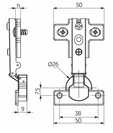 Петля мини накладная с пружиной 38мм h0 slide-on AKS (еврошурупы)