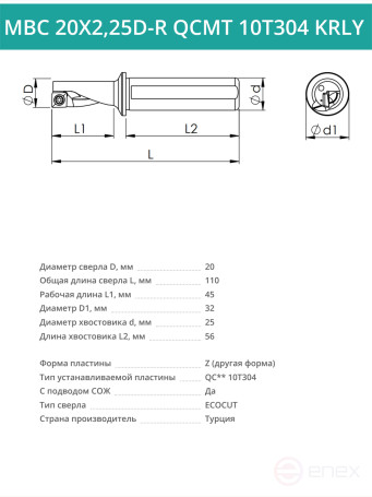 MBC 20X2,25D-R QCMT 10T304 KRLY сверло корпусное - 20 мм / пластина QC** 10T304