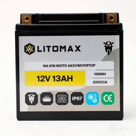 Sodium Starter Motorcycle Battery LITOMAX Na+ 12.4V 13Ah 220CCA YTX14A R+