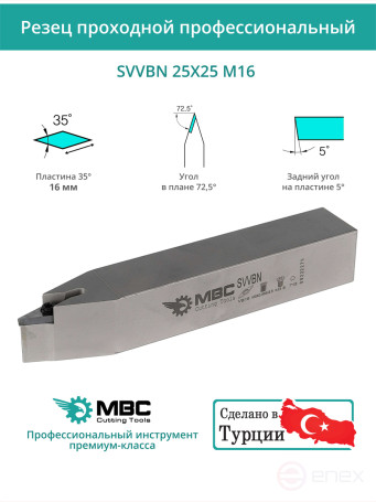 SVVBN 25X25 M16 резец токарный проходной нейтральный 25x25 мм / пластина 16 мм, VBMT 1604**