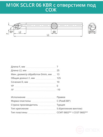 M10K SCLCR 06 KBR with COOLANT hole internal carbide boring cutter right, 10 mm / plate CCMT 0602**