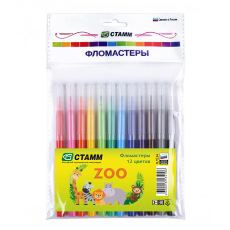 Markers STAMM "ZOO", 12 colors, washable, package, European weight