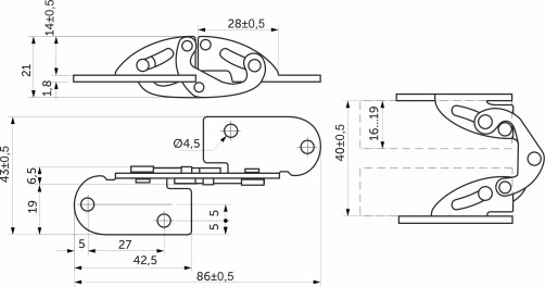 Hinge for countertops, rectangular 180° mortise AKS yellow zinc chipboard 16-19mm