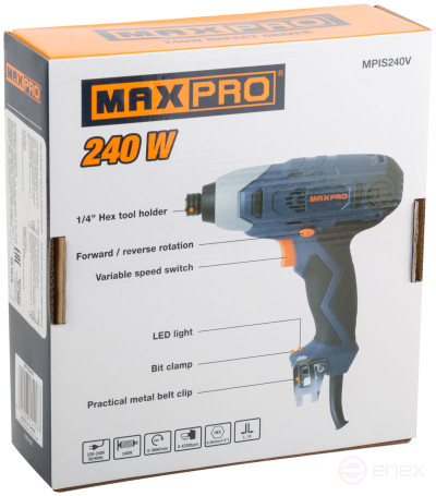 MAX-PRO Electric impact screwdriver 240 W; 0-3600 rpm; 0-4200 rpm; chuck 6.35 mm for a bit; 100 Nm; speed control; reverse; rubber