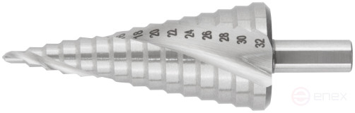 HSS step drill for metal, spiral profile, 15 steps, 4-32 mm