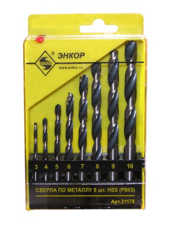 Набор сверл для металла HSS Ф3-10 мм, 8 штук, пластиковый футляр, арт. 21178