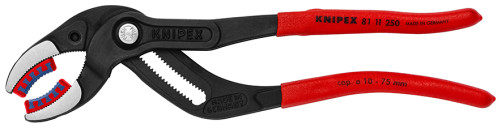 Adjustable pipe gripping pliers, Ø 10-75 mm, for siphons, oil filters, plast. pipes, L-250 mm, plast. nozzles on sponges, black.