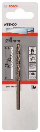 Metal drills HSS-Co , DIN 338 4 x 43 x 75 mm, 2608585846