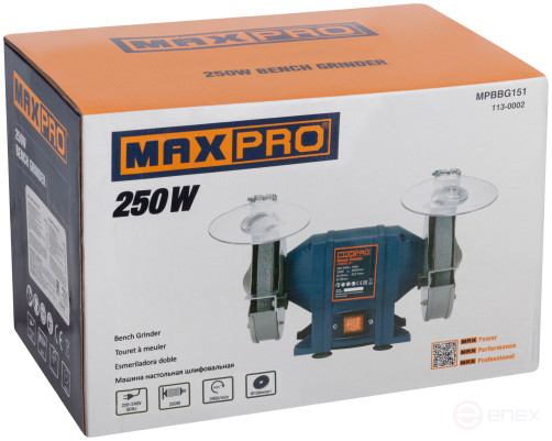 MAX-PRO Станок точильный 250 Вт; 2950/2950 об/мин; 1: 150/20/12,7 мм; 2: 150/20/12,7 мм; 6,55 кг; индукционный мотор; кор.