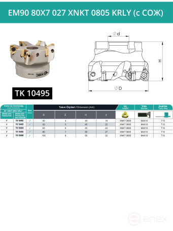 Milling cutter end nozzle 80 mm, fit 27 mm, 7 teeth EM90 80X7 027 XNKT 0805 KRLY (with coolant) for KORLOY plate