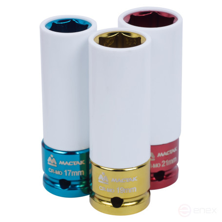 Набор ударных глубоких шестигранных головок 1/2", 17, 19, 21 мм, пластиковое покрытие, кейс, МАСТАК 006-43C