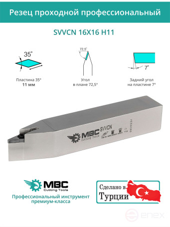 SVVCN 16X16 H11 резец токарный проходной нейтральный 16x16 мм / пластина 11 мм, VCMT 1103**