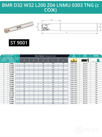 Концевая фреза корпусная 32 мм, 4 зуба, L 200 мм / BMR D32 W32 L200 Z04 LNMU 0303 TNG (с СОЖ)