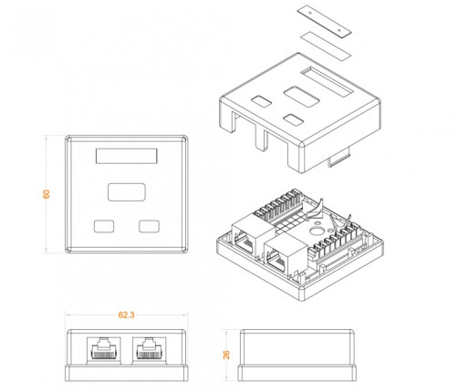 SB1-2-8P8C-C6-SH-WH Computer socket RJ-45(8P8C), category 6, shielded, Double, external, Dual IDC