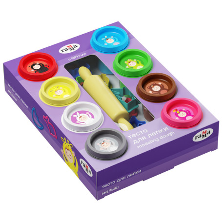 Dough for modeling Gamma "Kid", 08 colors, 480g, molds, rolling pin, stack, cardboard. packaging