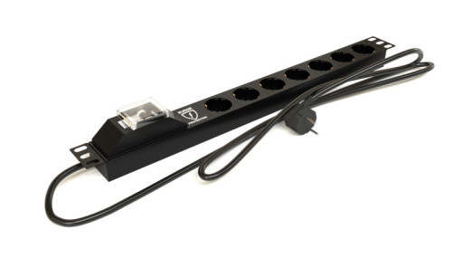 SHE19-7SH-BF-2.5EU Socket block for 19" cabinets, horizontal, 7 Schuko sockets, automatic. switch, overvoltage protection, 2.5m (3x1.5mm2) power cable with Schuko 16A plug, 250V, 482.6x44.4x44.4mm (LxWxH), steel housing, black