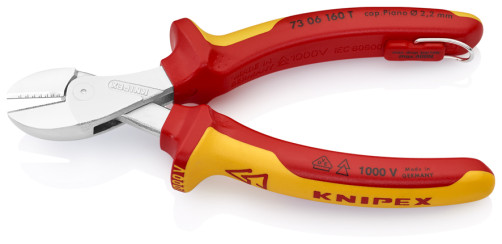 KNIPEX X-Cut® VDE side cutters, cut: provol. soft. Ø 4.8 mm, cf. Ø 3.8 mm, TV. Ø 2.7 mm, royal. string Ø 2.2 mm, L-160 mm, chrome, 2-K handles, fear. he was getting stronger.