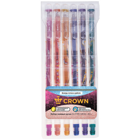 Set of gel pens Crown "Glitter Metal Jell" 6pcs, 6 colors, 1.0mm, with sequins, PVC pack, box