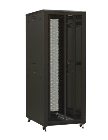 TTR-4288-DD-RAL9005 Floor cabinet 19-inch, 42U, 2055x800x800 mm (HxWxD), front and rear hinged perforated doors (75%), handle with lock, 2 vertical cable organizers, color black (RAL 9005) (disassembled)
