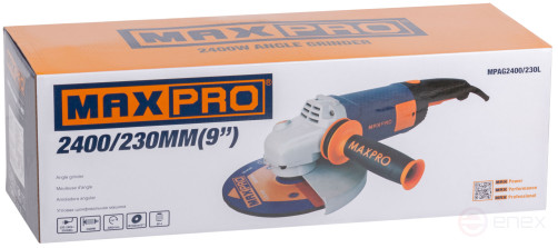 MAX-PRO Шлифмашина угловая 2400 Вт; 6000 об/мин; защитный кожух 230 мм; антивибрационная ручка; дополнительные щетки; плавный пуск; поворотная рукоятк