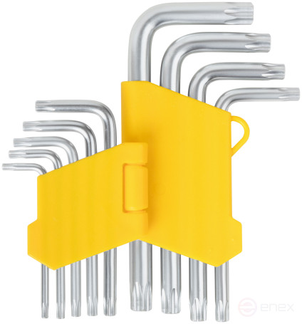 Ключи "звездочки", CrV сталь, 9 шт., Т10-Т50, с отверстием, в пластиковом держателе