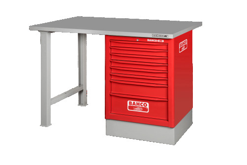 Heavy-duty workbench, metal table top with 2 legs and 8 drawers in red color 1500 mm x 750 mm x 1030 mm