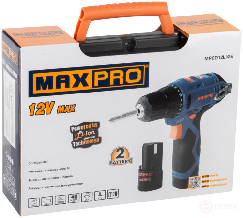 MAX-PRO Дрель-Шуруповерт аккумуляторная 12 В; 0-350/0-1300 об/мин; 10 мм; 26 Нм; 2 батареи (Li-Ion) х1,3 Ач; 17+1; 1 ч.; регулировка оборотов; резинов