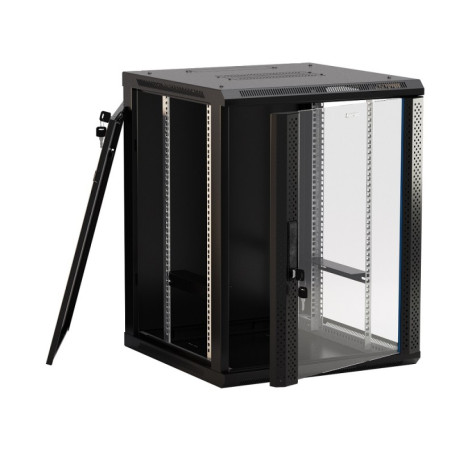 TWB-0666-GP-RAL9004 Wall cabinet 19-inch (19"), 6U, 367x600x600mm, glass door with perforation on the sides, handle with lock, color black (RAL 9004) (disassembled)