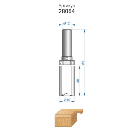 Фреза кромочная прям ф19х38мм хв 12мм ДСП