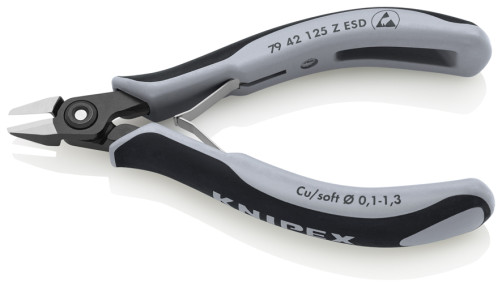 Precision side cutters. ESD, sharp head, flat without chamfer, for soft materials, cut: hollow. soft. Ø 0.1 - 1.3 mm, L-125 mm, black