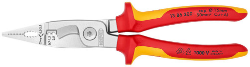 VDE electrical pliers, 6-in-1, stripping: 0.75 - 1.5 + 2.5 mm2, crimp: 0.5 - 2.5 mm2, L-200 mm, cable cutter, chrome, 2-k handles