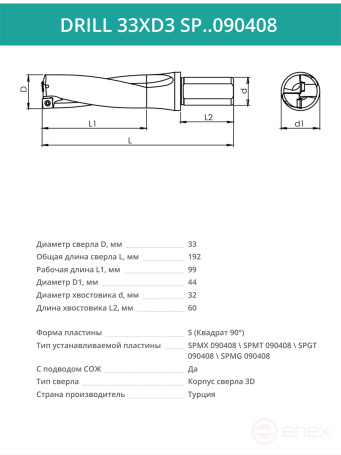 DRILL 33XD3 SP..090408 сверло корпусное - 33 мм / пластина SPMX 090408; SPMT 090408