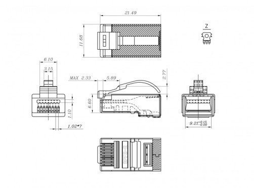 PLEZ-8P8C-UA-C5-SH-100 Разъем легкой оконцовки RJ-45 (8P8C) под витую пару, язычек Arch, категория 5e (50 µ"/ 50 микродюймов), экранированный, универсальный (для одножильного и многожильного кабеля) (100 шт.)