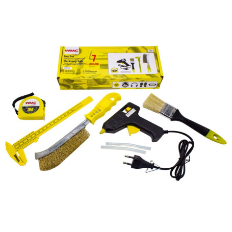 7-piece tool set (tape measure,brush,caliper,metal brush,glue gun,glue rods)