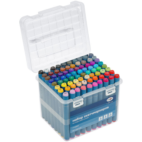 A set of double-sided markers for sketching Gamma "Studio" 80 colors, basic colors, triangular body, bullet-shaped/wedge-shaped. tips, plastic case