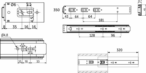 Направляющая шариковая L-350 h=45 AKS PLUS PUSH TO OPEN