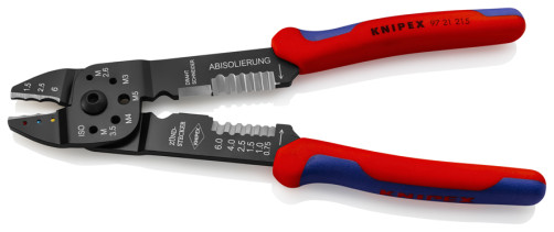 Press pliers for cutting and stripping cable, 3 sockets, crimping cable lugs with insulator and cable connectors, L-230 mm