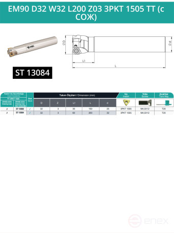 Концевая фреза корпусная 32 мм, 3 зуба, L 200 мм / EM90 D32 W32 L200 Z03 3PKT 1505 TT (с СОЖ)