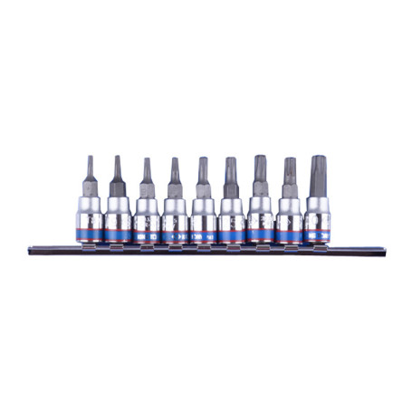 1/4" socket nozzle set, Torx, T8-T40 mm, L = 37 mm, with hole, 9 pieces KING TONY 2119PR