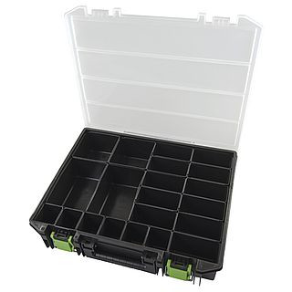 Assortment box with metal locks, with compartments