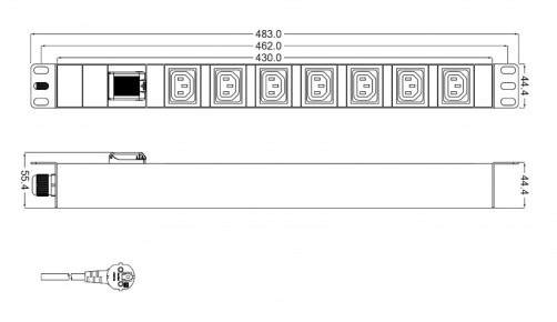 SHT19-7IEC-S-2.5EU Блок розеток для 19" шкафов, горизонтальный, 7 розеток IEC320 C13, выключатель с подсветкой, кабель питания 2.5м (3х1.5мм2) с вилкой Schuko 16A, 250В, 482.6x44.4x44.4мм (ДхШхВ), корпус алюминий