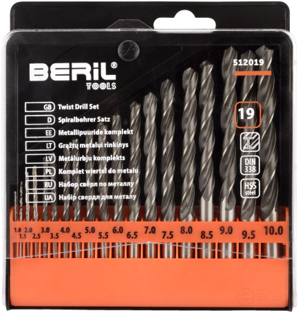 A set of drills for metal 1.0-10mm (19 pcs.plastic case) BERIL