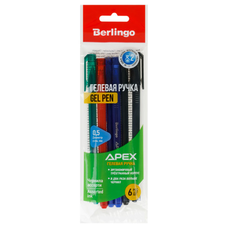 Berlingo "Apex" gel pen set, 6 pcs., assorted, 0.5 mm, package with European weight