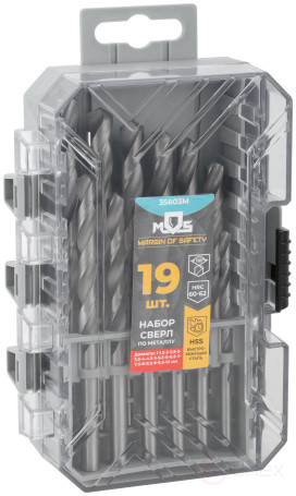 Set of HSS metal drills, 118° sharpening angle, layer. case, 19 pcs. (1-10mm, through 0.5mm)