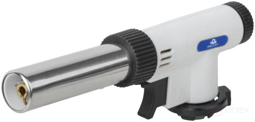 Gas burner for collet cylinder, reservoir.body, with piezo ignition, 360° rotation, adjustableflame shapes, nozzle 22 mm