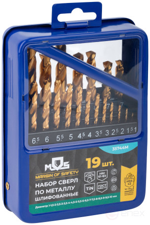 Set of HSS metal drills, ground, titanium coating, sharpening angle 135°, met.box, 19 pcs. (1-10 mm through 0.5 mm)